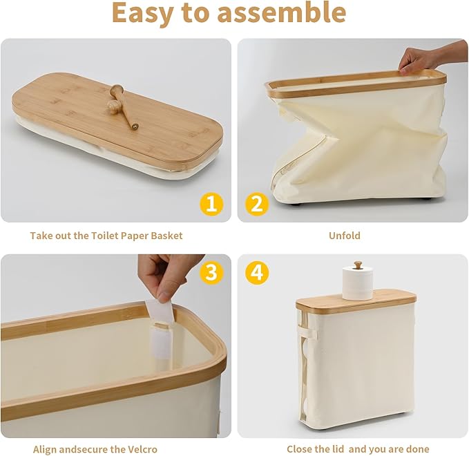 32L Bamboo Toilet Paper Storage Basket with Lid and Handle， Toilet Paper Organizer for Bathroom - Mega Capacity ， Collapsible Bathroom Toilet Paper Holder with Storage, Soft Beige，1 Pack