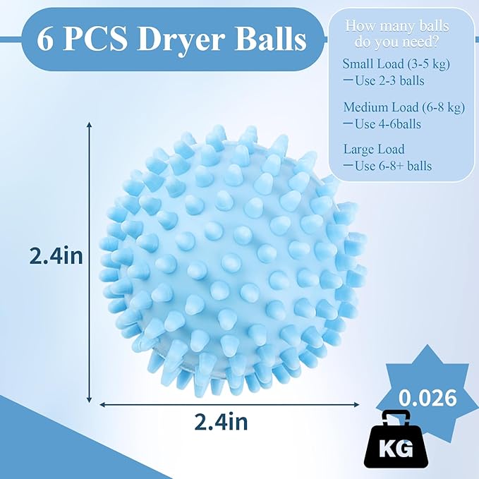 6 Pack Laundry Balls for Dryer, Dryer Balls Laundry Reusable, Dryer Ball Plastic Pellet Packs for Fabric Soften, Reduce Wrinkle and Less Static Cling-Light Blue