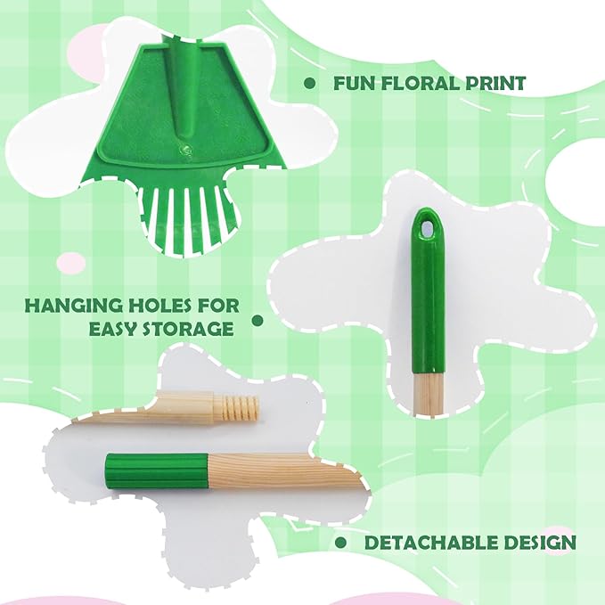 Kids Leaf Rake - 3-Section Adjustable Handle, Lightweight, Wood & Plastic, Small Garden Tool for Children (Blue+Green)