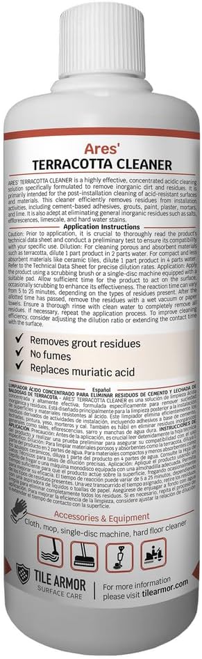 Ares Acidic Terracotta Tile Cleaner, Heavy-Duty Clay, Tile Floor Cleaner for Cotto, Porous, Ceramic and Acid-Resistant Tiles, Post-Installation Grime Cleaner, Indoor & Outdoor Use, 32 fl oz