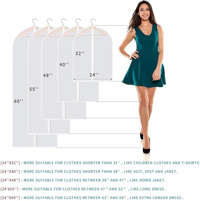 Garment Bags for Hanging Clothes, 6 PCs All Clear Garment Bag, Plastic Dustproof Suit Bag, Coat Protector Zippered Garment Covers for Closet Storage and Travel - 24'' x 40''/6 Pack