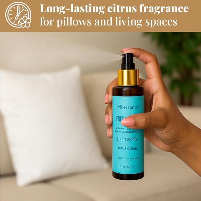 Folkulture Linen Spray - Odor Eliminator | Fragrance Spray for Bedding, Pillow, Clothes, Home | Citrus Scent Fabric Freshener for Laundry, Bed Sheets, Room with Natural Essential Oils | 3.34 Fl Oz