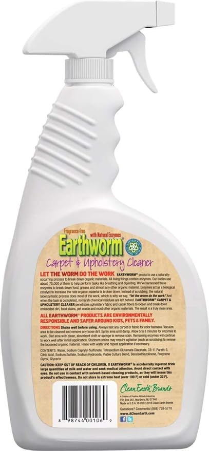 Earthworm Carpet & Upholstery Cleaner Spot & Stain Remover - Natural Enzymes, Safer for Family, Environmentally Responsible - 22 oz (Pack of Six (6))