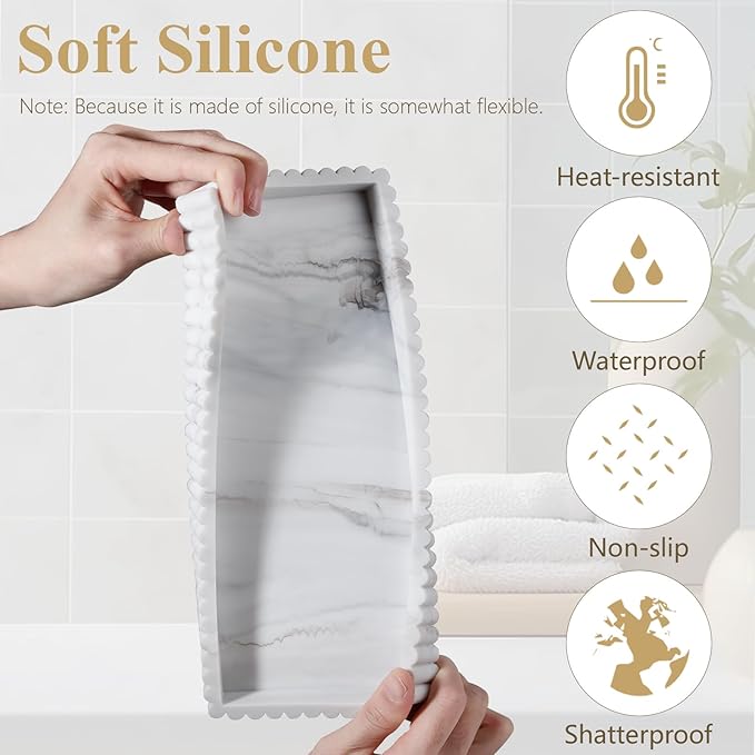 Silicone Bathroom Tray Small Vanity Organizer Rectangle Sink Caddy Sponge Holder Kitchen Counter Decor for Dish Soap, Perfume, Candle, Marble