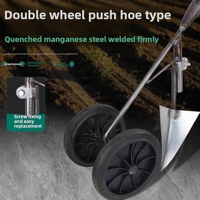 Weeding and Planting Double Wheels Hoe, Multi-Functional Soil Loosening/Trenching/Weeding Hand-Pushed Wheel Hoe Tools, Power-Assisted Weeding Scarifying Hoes, Tiller Gardens and Beds Tools