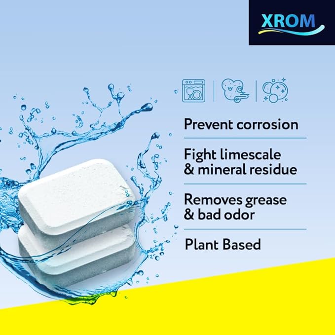 XROM Dishwasher Cleaner Tablets, Plant Based, Deep Clean And Descale, Removes Odors, Removes Hard Water Stains, Powerful Descaling, 6 Treatments (Lemon Scent)