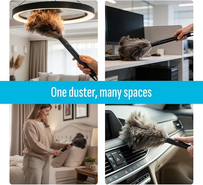 Retractable Feather Duster 8-14 in Adjustable - Natural Feather Dusters for Cleaning Ceiling Fans, Blinds, Plantation Shutters, Walls & Furniture - Quality Checked in USA - 1 Pack