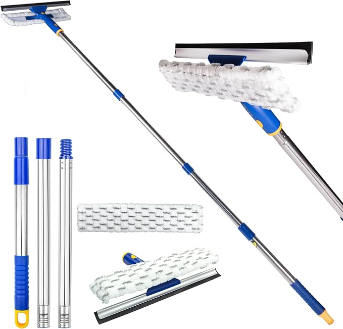 ITTAHO Squeegee for Window Cleaning with Extendable Pole, 53" 2-in-1 Window Cleaning Tool Kit, Shower Squeegee with Long Handle, Indoor/Outdoor High Window Cleaning-Two Pads