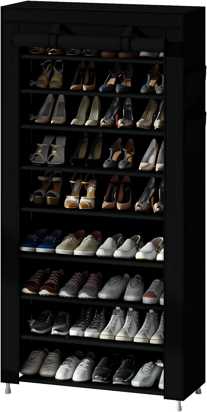 Calmootey 9 Tier Shoe Rack Organizer,Portable Shoe Shelf with Nonwoven Fabric Cover for Closet Hallway,Bedroom,Entryway,31.50x11.81x62.99inches,Black