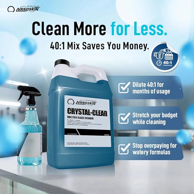 Nanoskin CRYSTAL-CLEAR VOC-Free Glass Cleaner, 32 Oz. Pack (2x16 Oz) - Advanced Eco-Safe, Streak-Free Shine, Multi-Surface Cleaning Solution | For Auto, Home, Office, & Commercial Use | 40:1 Dilution