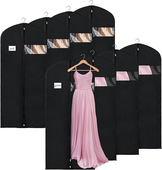 Syeeiex 60'' Garment Bags for Hanging Clothes(Set of 8), Dress Bags for Gown, Garment Bag for Dresses Long, Dress Garment Bag for Suit, Evening Dresses, Fur Coat, Long Dress Gown(Black)