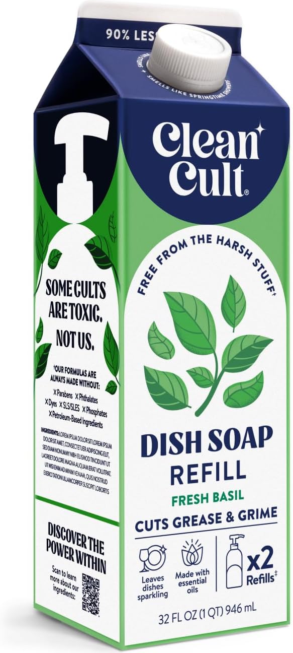 Cleancult Dish Soap Liquid Refills (32oz, 1 Pack) - Dish Soap that Cuts Grease & Grime - Free of Harsh Chemicals - Paper Based Eco Refill, Uses 90% Less Plastic - Sweet Basil