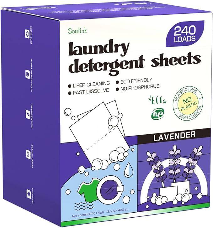 Soulink Lavender Laundry Detergent Sheets, 240 Loads - Eco-Friendly, Plant-Based, Hypoallergenic, No Plastic Jug