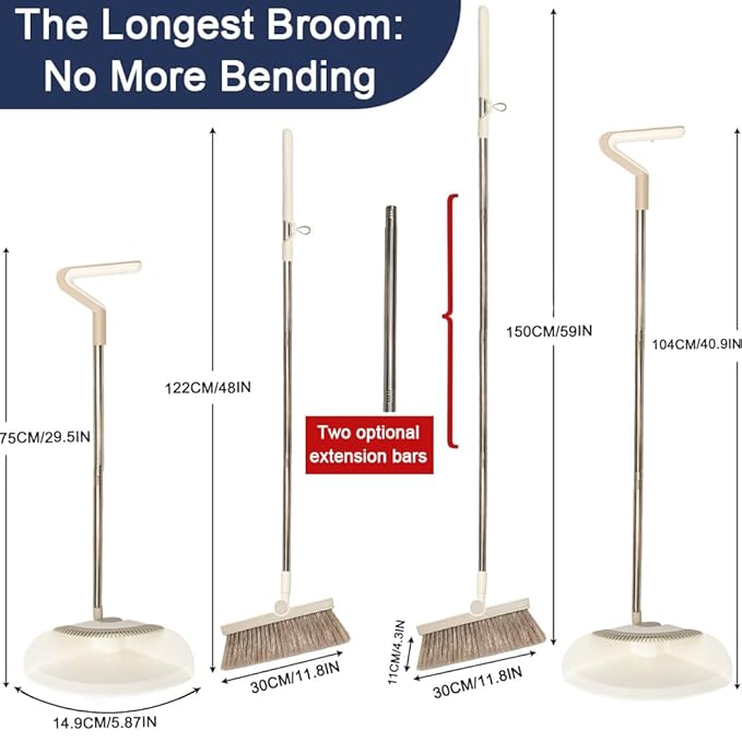 Triangular Indoor Broom and Dustpan Comb Set, 180° Rotating, Soft Bristle Long Handle Upright Sweeping Angled Broom with Self-Cleaning Teeth for Home, Kitchen, Office, Wood Floor (White Gray)