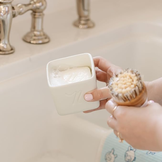 Nellie's Dish Butter - Zero-Waste Alternative to Liquid Dish Soap with Reusable Ceramic Container (White) - Light Lemongrass Scent - Plastic-Free Dishwashing - (Made in Canada)