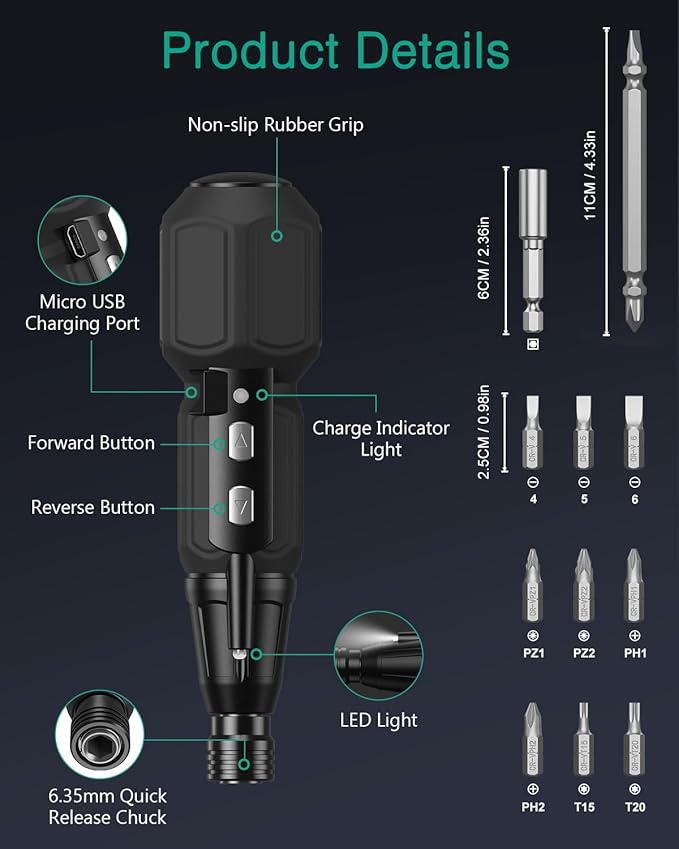 ORIA Electric Screwdriver Cordless, 12 in 1 Rechargeable Electric Screwdriver Set with 10 Bits and 1/4 inch Bit Holder, Power Repair Tool Kit with LED Lights, Charging Cable, for Phones,Toys, PC