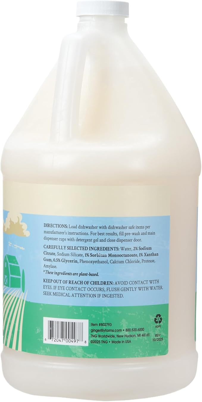 Ginger Lily Farms Botanicals Plant-Based Dishwasher Detergent Gel, 100% Vegan & Cruelty-Free, Fragrance-Free, 1 Gallon (128 Fl Oz) Refill