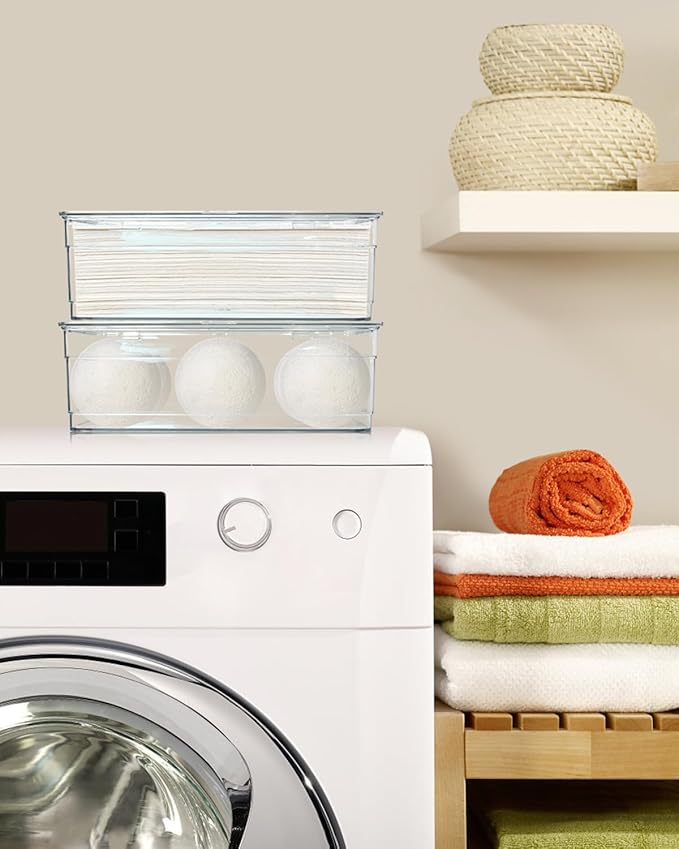 Dryer Sheet Holder - Dryer Ball Holder, Dryer Sheet Dispenser, Acrylic Dryer Sheet Holder Container with Lid, Bathroom Storage Containers for Laundry Pods, Clips, Dryer Balls and Sheets (No Balls)
