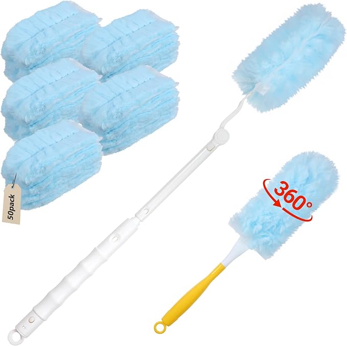 50 Pcs Duster Refills, 360° Dust Removal Brush Disposable Replacement Head with 1 Short & 1 Extendable Handle, Polyester Fiber for Electronics, Furniture, Blinds, Ceiling Fans, Walls