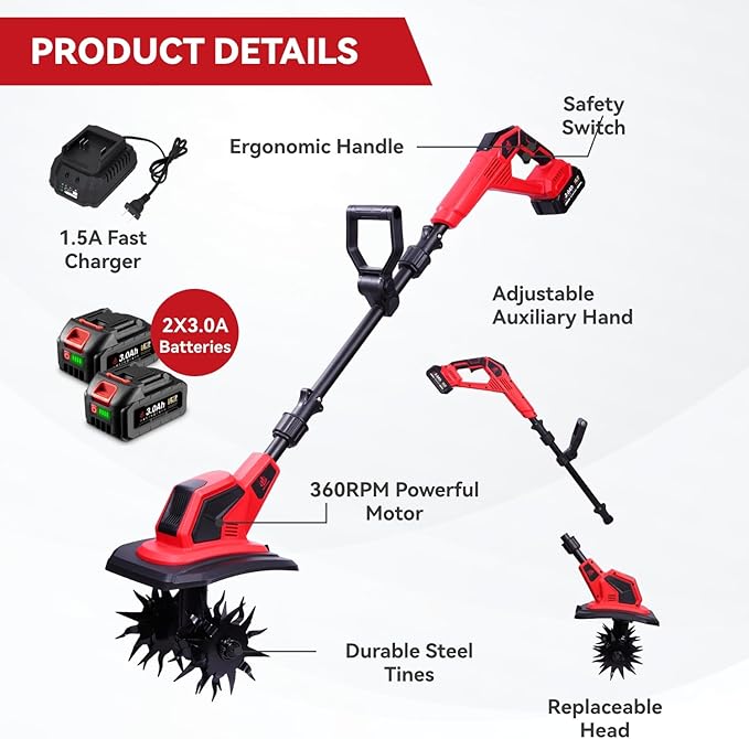 Cordless Tiller Cultivator, 360RPM Electric Garden Tiller with 2×3.0AH Batteries & 1.5A Fast Charger, Battery Powered Garden Cultivator, 9.5In Tilling Width & 6.7In Depth Garden Rototiller