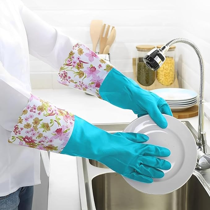 KINGFINGER Rubber Latex-Free Dishwashing Gloves for Household Cleaning, Waterproof, 2-Pair Large with Long Cuff & Flock Lining