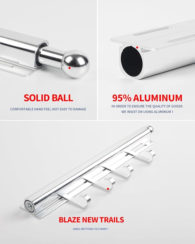 BaiNong 12 inch Valet Rod for Closets Pull Out Closet Valet Rod Slide Out With 4 Hooks Silver Pull Out Clothes Hanger