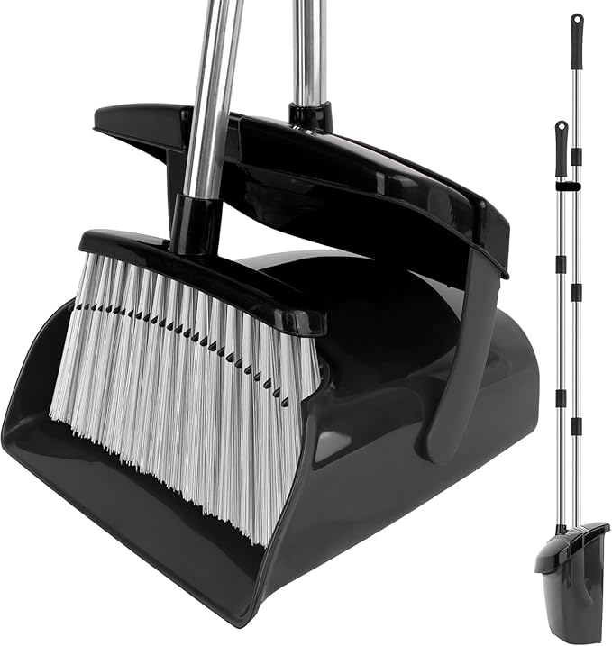 Broom and Dustpan Set, 51" Long Handle Broom with Dustpan Combo Set, Windproof Standing Dust pan with Self-Cleaning Teeth, Household Set Sweep Kitchen Office Lobby Pet Room