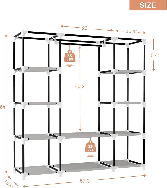 VTRIN Portable Closet Wardrobe for Hanging Clothes 57.3 Inch Large Capacity Clothes Rack with Cover, 10 Storage Organizer Shelves, 1 Hanging Rods and 6 Pockets, Free Standing Closet, White