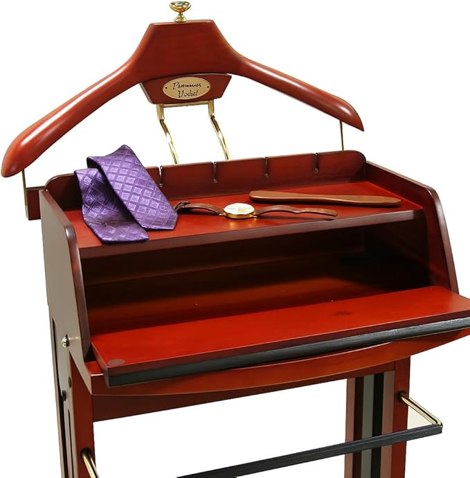 Proman Products Excalibur Wardrobe Wood Valet Stand with Power Extension, Large Storage Compartment, Contour Hanger, Trouser Bar, Tie & Belt Hooks and Shoe Rack - VL16201