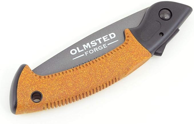 OLMSTED FORGE Hand Saw with 7 Inch Folding Blade and Push Button Lock - Portable Saw for Camping, Hiking, Hunting, Pruning, Tree Trimming, Cutting Branches