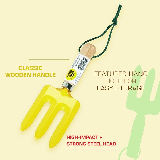 Rugg Kids' Garden Hand Fork, Mini Steel Digging Tool with Wooden Handle, Gardening Tool for Children, Yellow