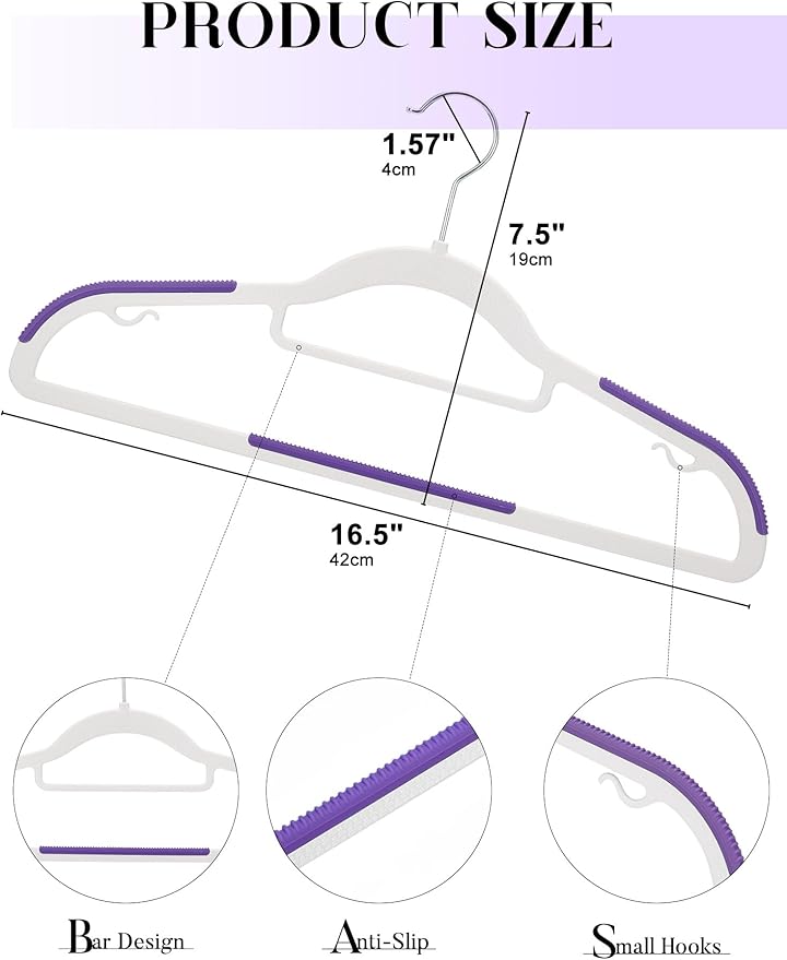 HOUSE DAY Plastic Hangers 100 Pack, White Clothes Hangers with Non Slip Purple TPR Grip, Heavy Duty Coat Hanger with 360º Swivel Hook, Slim Hanger Space Saving for Closet, Ideal for Shirt, Suit, Pant