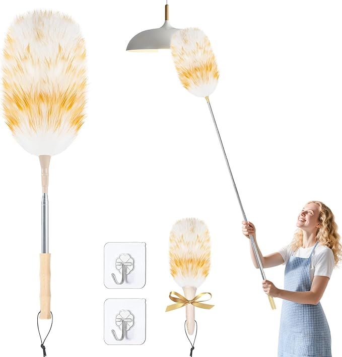 LOVECO Feather Duster for Cleaning, Extendable Lambswool Duster 29-49 Inch for Cleaning Fans, Ceiling, Includes: Sticky Hooks×2, Small Duster×1, Electrostatic Dusters Suitable for Office, Home, Car