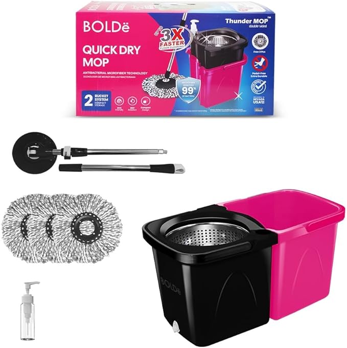Thunder Mop Spin System - Double-Sided - 2 Compact Stackable 6L Buckets, Microfiber Head, Stainless Steel Wringer, Antifungal Quick-Dry Cleaning, Soap Dispenser, 3 Free Refills (Black/Pink)