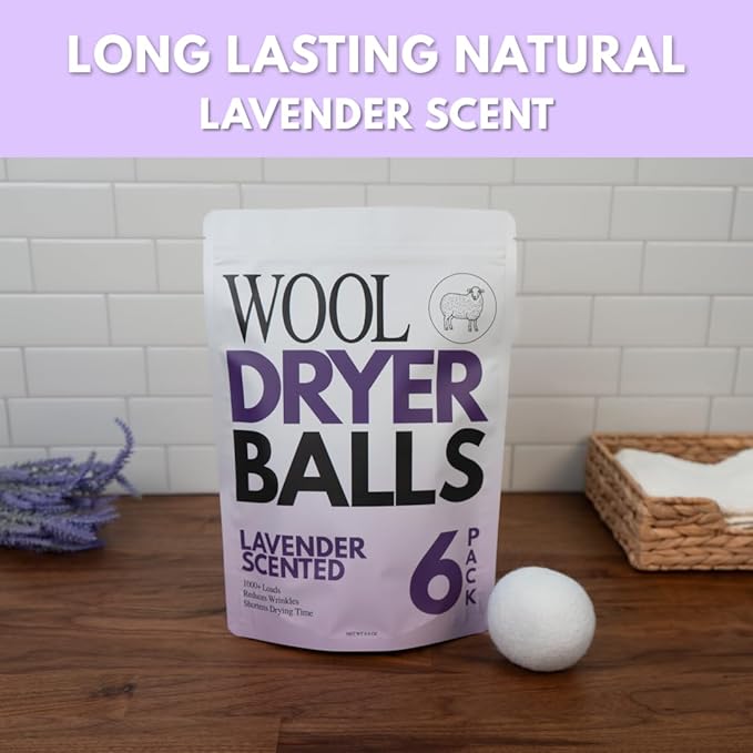 Lavender Scented Wool Dryer Balls – 6 XL Pack – Natural Fabric Softener, Reusable, Reduces Static, Reduces Wrinkles & Shortens Drying Time, Made W/Essential Oil, 100% Pure Wool