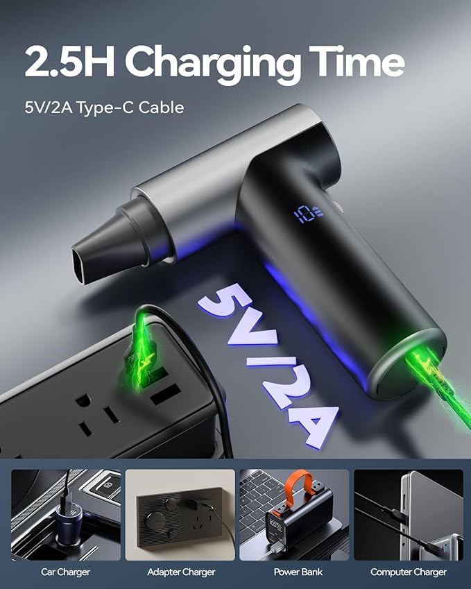 Compressed Air Duster, 200000RPM Super Power Electric Air Duster, 11-Gear Stepless Speed Mini Blower with Aluminum Alloy, Cordless Dust Blower for Computer, Keyboard, House, Outdoor, and Car