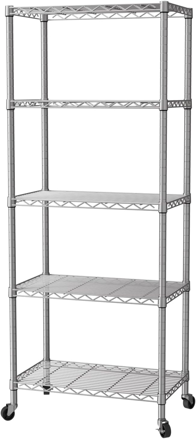 SINGAYE 5 Shelf Storage Wire Shelves Closet Bathroom Organizers Metal Pantry Kitchen Garage Shelving Unit Laundry Room Organization Home Narrow Rack Net Basket with Wheels Silver