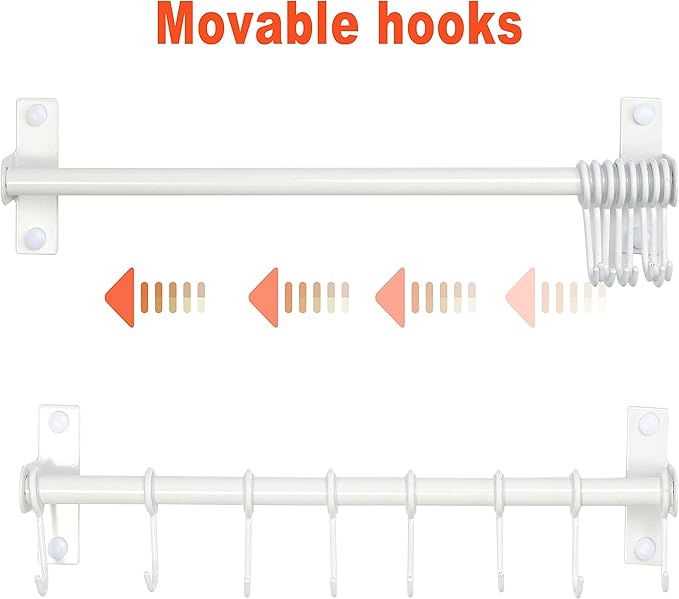 Dseap Pot Rack - Pots and Pans Hanging Rack Rail with 8 Hooks, Double Bars, Pot Hangers for Kitchen, Wall Mounted, White, 2 Packs