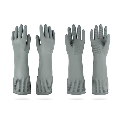 Mamison 2 Pairs Reusable Waterproof Household Dishwashing Cleaning Rubber Gloves, Non-Slip Kitchen Glove (Grey, Large (Pack of 2))