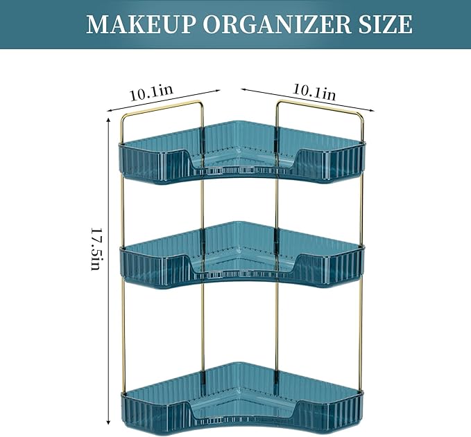 INVSSENE Corner Bathroom Countertop Organizer, Vanity Organizer Trays for Counter, Makeup Organizers, Perfume Tray, Skincare Shelf Storage Gifts for Women Girl Student (Blue, 3 Tiers)