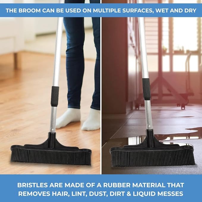 ForPro Extendable Salon Broom, Non-Scratch Rubber Bristles, Aluminum Handle Adjustable to 51.5”, Ideal for Pet Hair, Lint, Dust, Dirt, Black