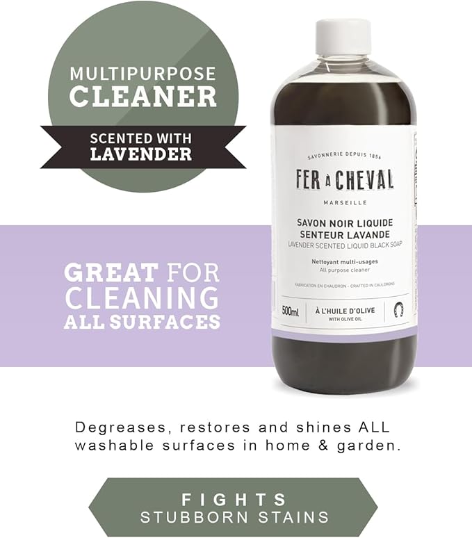 Fer à Cheval Liquid Black Soap All Purpose Cleaner with Olive Oil, Concentrated Multi-Use Cleaner for Home Surfaces, 500 ml/16.91 fl oz, Lavender Soap
