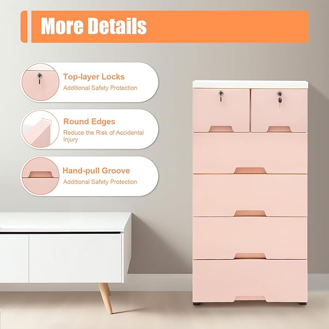 6 Drawer Storage Drawer,Closet Drawers Dresser Organizer, Dresser Plastic Storage Cabinet with 4 Wheels Pink Dressers for Bedroom