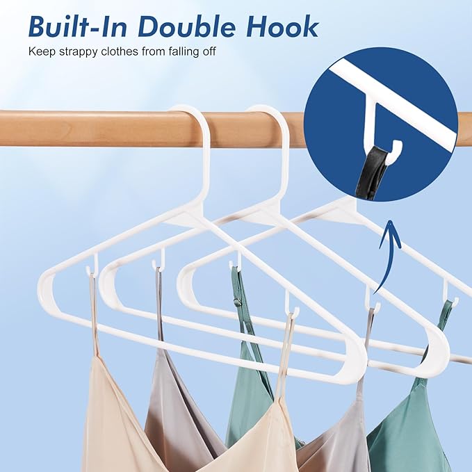 HOUSE DAY White Plastic Hangers 30 Pack, Plastic Clothes Hangers with Built-in Strap Hooks, Space Saving Slim Hanger for Closet Organizers and Storage, Durable Clothing Hanger for Shirts Blouses Tops