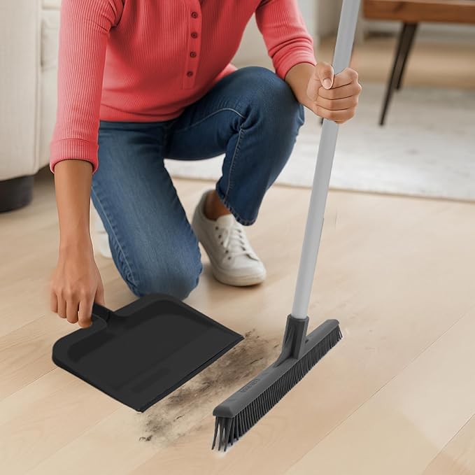 Superio Clip-On Dustpan with Rubber Lip - 10-inch Wide Durable Plastic Dust Pan with Comfort Grip Handle, Black, 3-Pack