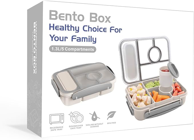 Amathley Bento Box Adult Lunch Box Kids,Lunch Containers for Adults/Kids/Toddler,5 Compartments Bento Lunch Box with Sauce Vontainers,Microwave & Dishwasher & Freezer Safe,BPA-Free (White)