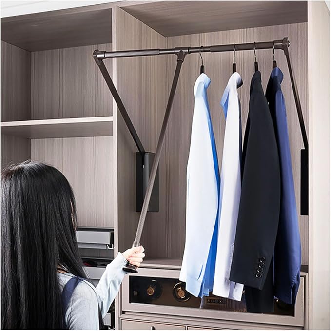 Pull Down Closet Rod for Hanging Clothes, Retractable Wardrobe Hanger for Cabinet Inside Width 35"~47.2", Aluminium alloy Tubing with Plastic Housing, 44 lb Weight Rating