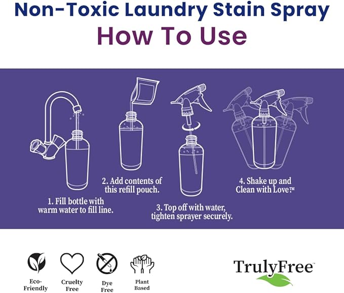 Truly Free Laundry Stain Remover Spray for Clothes - Removes Tough, Dried-In Stains on Whites & Colors -Natural Ingredients - Gentle Yet Powerful - Includes 3 oz Refill & Empty Refillable Bottle