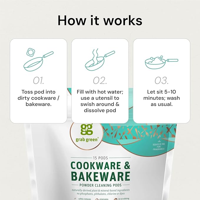Grab Green Cookware and Bakeware Cleaner Pods, 4 Bags of 15 Pods, Tangerine Lemongrass Scent, Plant and Mineral Based, Removes Burnt-On Food, Eliminates Grit and Grime, No Scrubbing Necessary