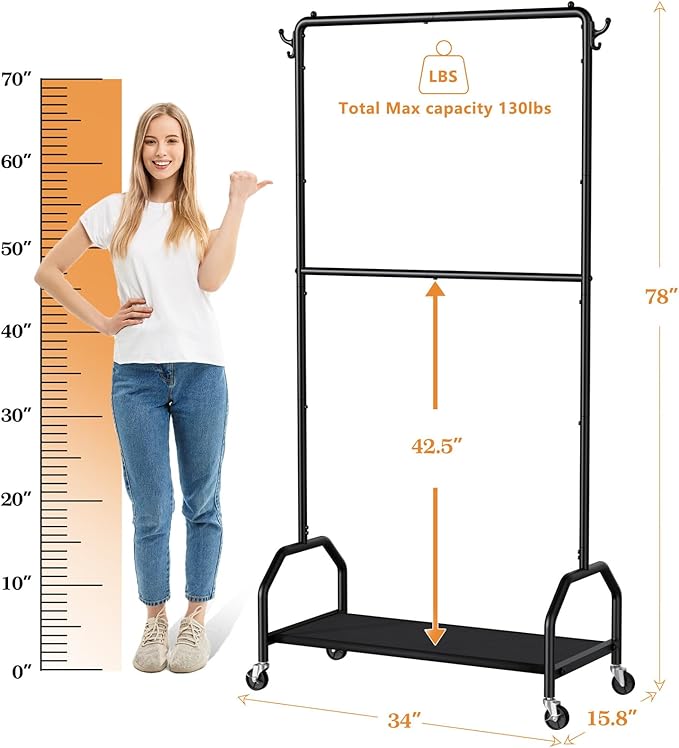 Wiracks Clothes Rack Double Hanging Clothes Rack Clothing Rack Garment Rack 130LBS Capacity 34.5" W X15.8 D X 79" H Rolling Clothes Racks for Hanging Cothes with Bottom Shelf
